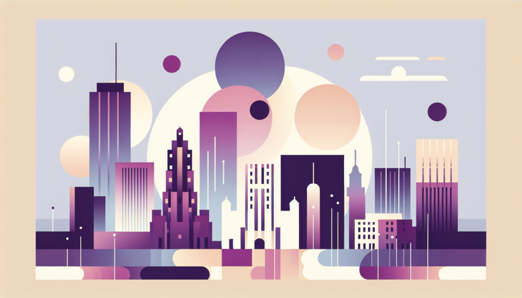 Abstract city skyline in purple and beige tones with circular elements and geometric buildings.