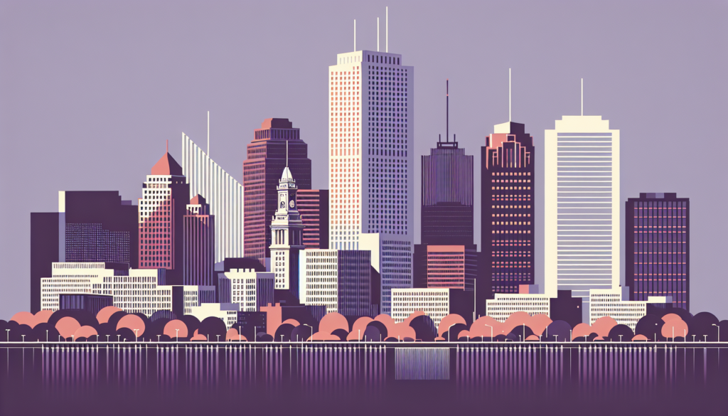 Illustration of a modern city skyline reflecting on water, set against a purple sky.