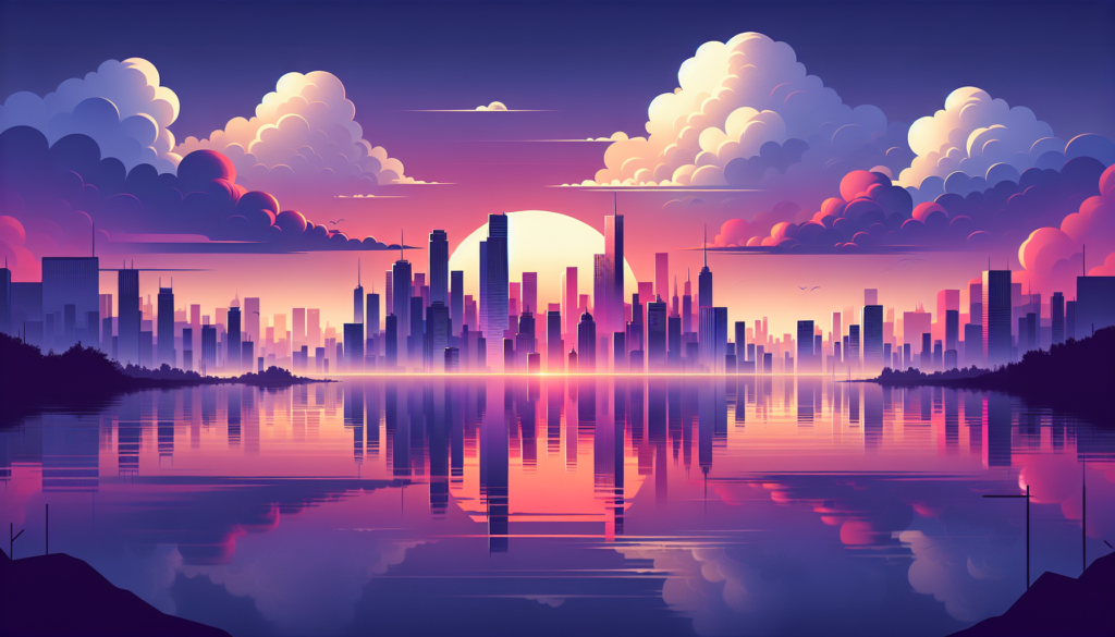 Sunset over futuristic cityscape with skyline reflecting in calm waters and vibrant clouds, digital art.