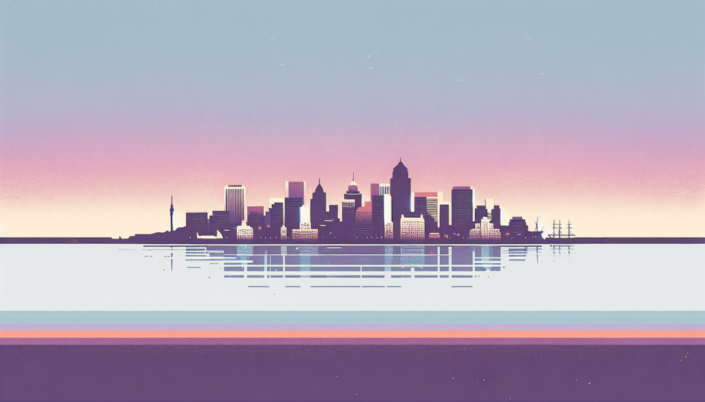 Futuristic city skyline at dawn with water reflection, pastel gradient sky.