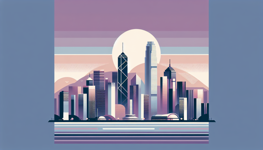 Futuristic city skyline at sunset with vibrant pastel colors and modern skyscrapers.