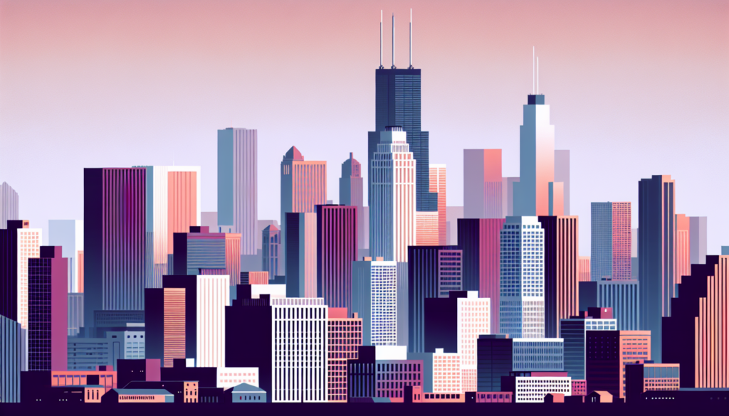 Abstract city skyline illustration with colorful geometric buildings under a gradient pink sky.