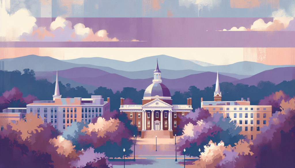 Illustration of a scenic campus with a domed building and spires, set against a mountain backdrop.