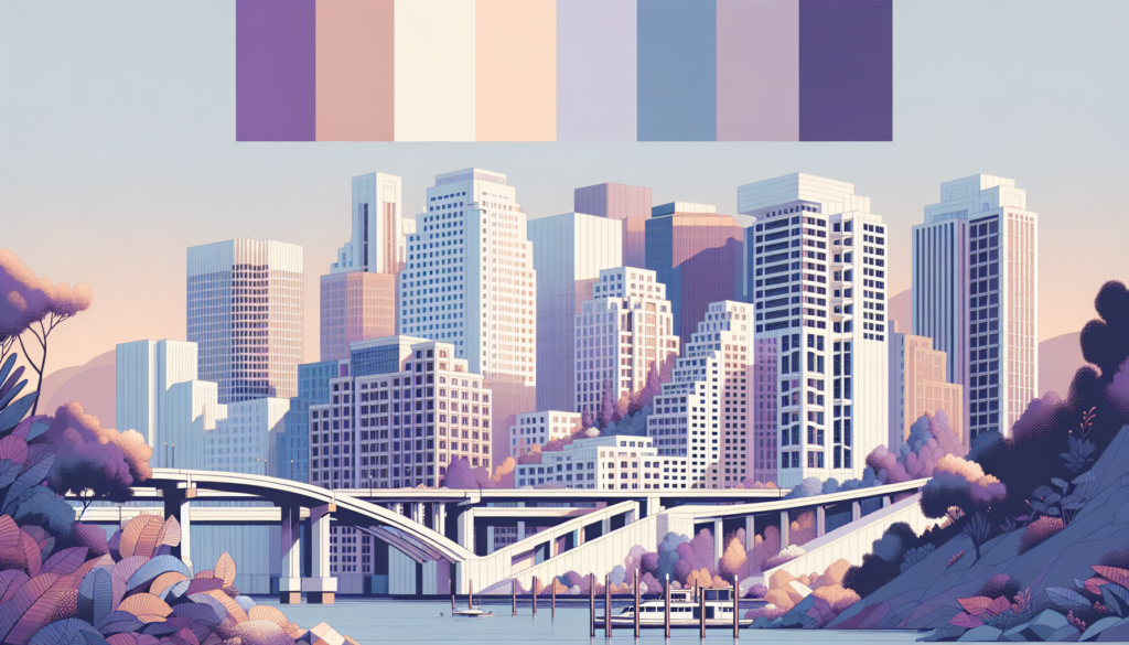 Illustrated cityscape with pastel skyscrapers and a bridge, surrounded by lush foliage at sunset.