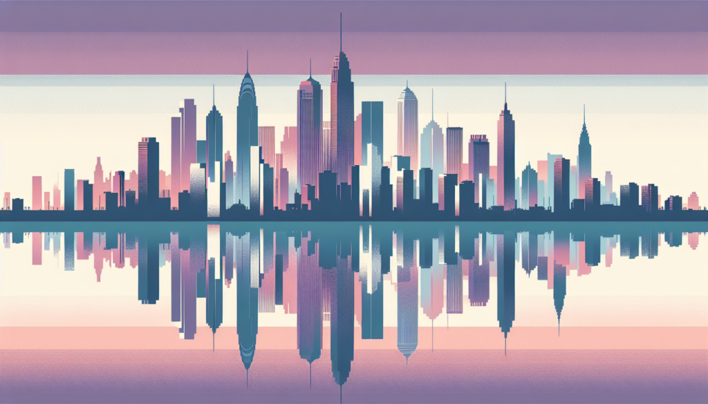 Futuristic downtown skyline with vibrant sunset and reflections, showcasing skyscrapers and modern architecture.