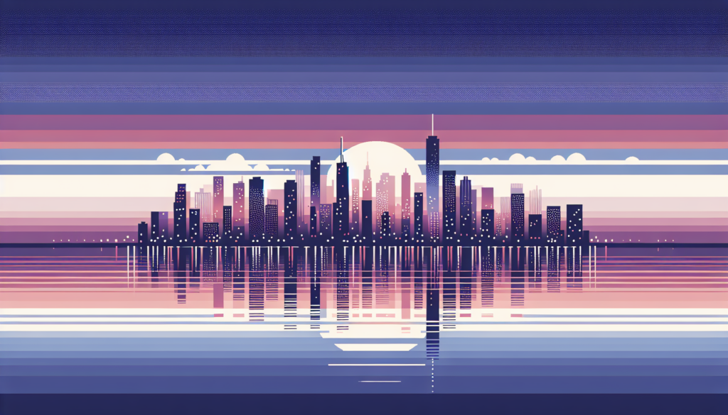 Futuristic city skyline at sunset with colorful reflections in a stylized, digital art depiction.