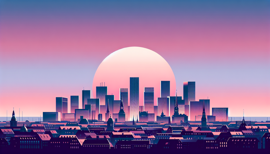 Digital art of a city skyline at sunset with a large sun, capturing a tranquil urban landscape.