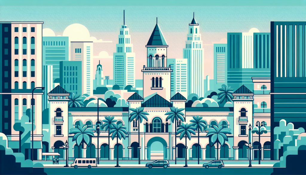 Colorful cityscape illustration featuring palm trees, an ornate building, and a modern skyline.