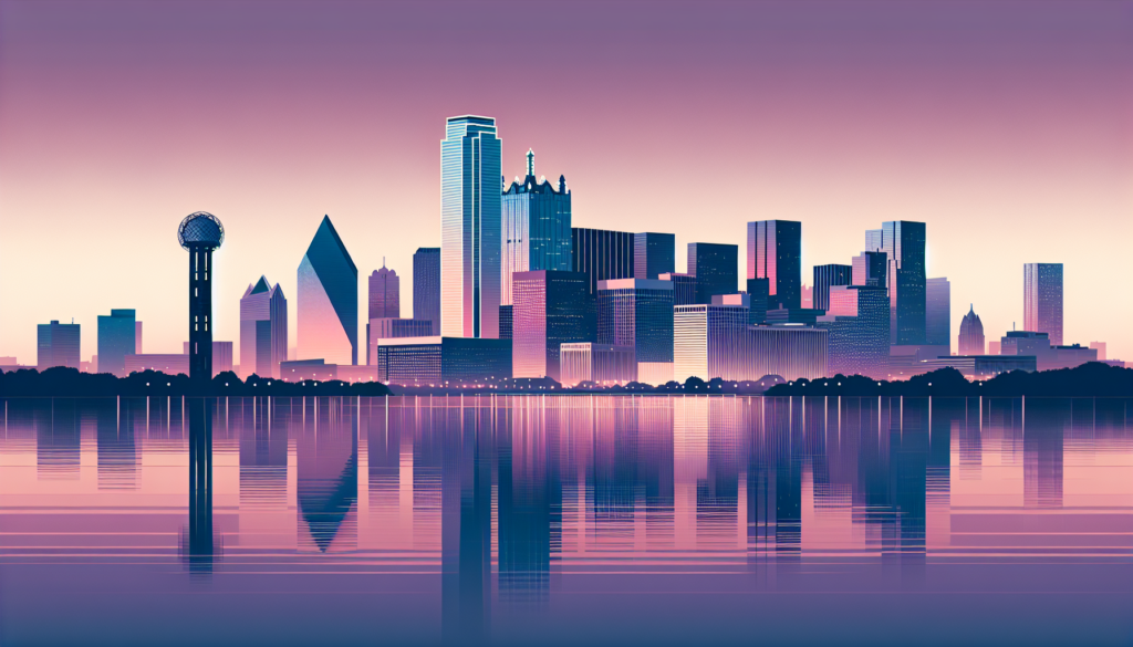 Futuristic Dallas skyline at sunset with vibrant colors reflecting on calm water. Modern cityscape illustration.