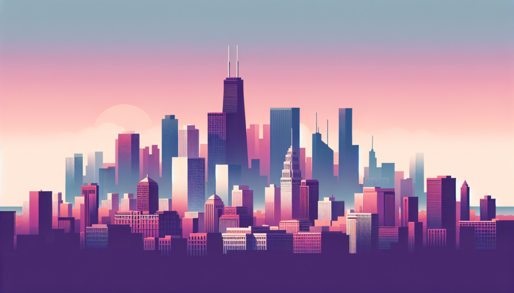 Futuristic city skyline at sunset with colorful high-rise buildings and a vibrant sky.