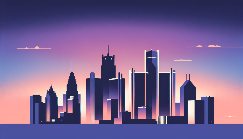 Futuristic city skyline at sunset with abstract skyscrapers silhouetted against a vibrant purple-orange sky.