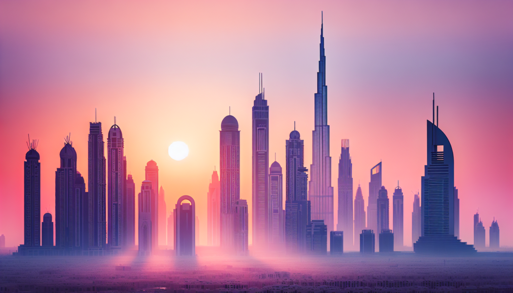 Dubai skyline at sunset with iconic skyscrapers and vibrant colors. A stunning cityscape view.