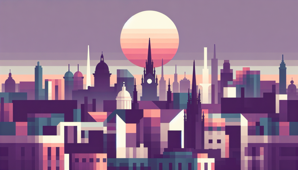 Futuristic cityscape illustration with abstract architecture and sunset background. Vibrant geometric design.