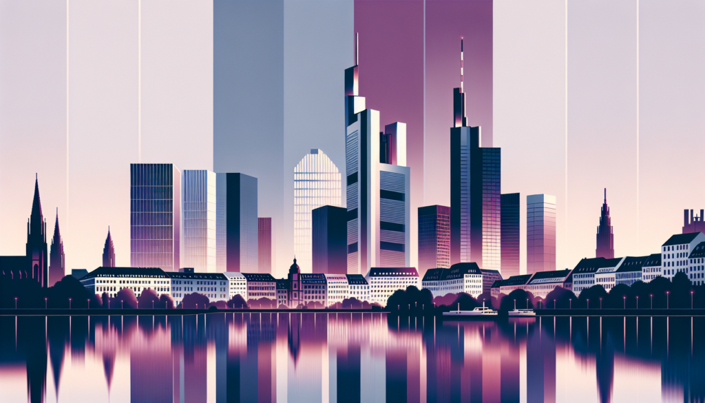 Futuristic cityscape with skyscrapers reflecting on water at sunset. Modern urban skyline illustration.