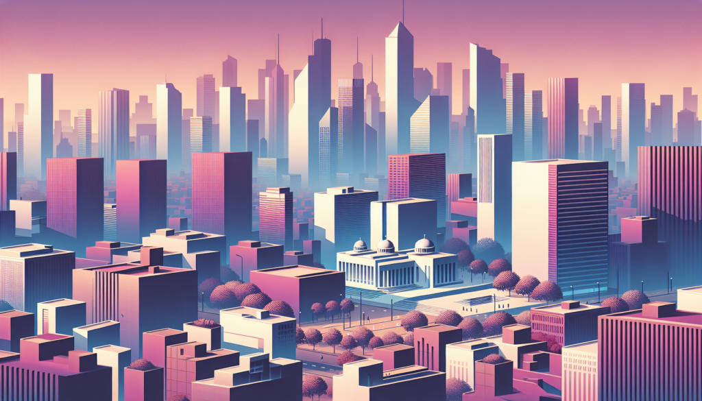 Futuristic cityscape illustration with vibrant pink and blue skyscrapers at sunset, featuring a central domed building.