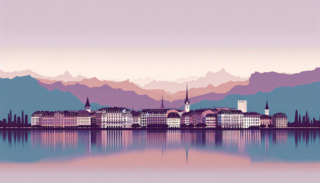 Illustration of Zurich skyline with Alps backdrop reflected in Lake Zurich at dusk.