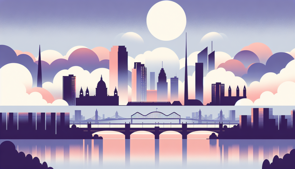 Futuristic cityscape at sunset with vibrant skyline, clouds, and bridges reflecting on water.