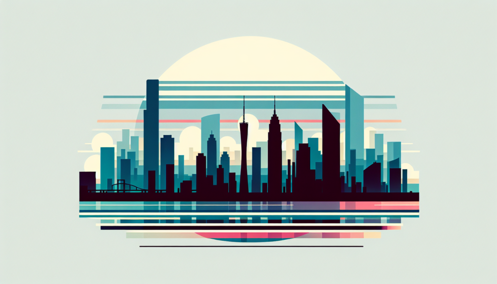 Futuristic city skyline illustration with modern skyscrapers and geometric design, set against a soft gradient backdrop.