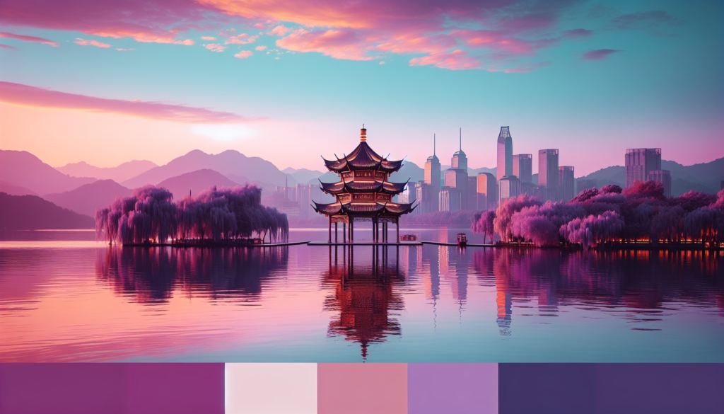 Serene lake sunset with pagoda, purple hues, and city skyline reflection