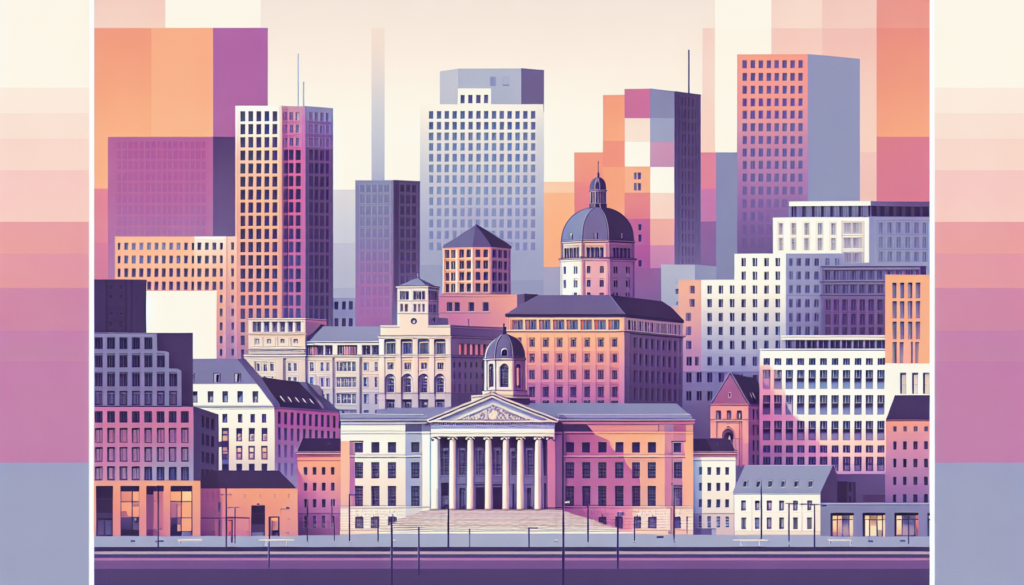 Illustration of a modern cityscape with diverse architectural styles and colorful geometric buildings.