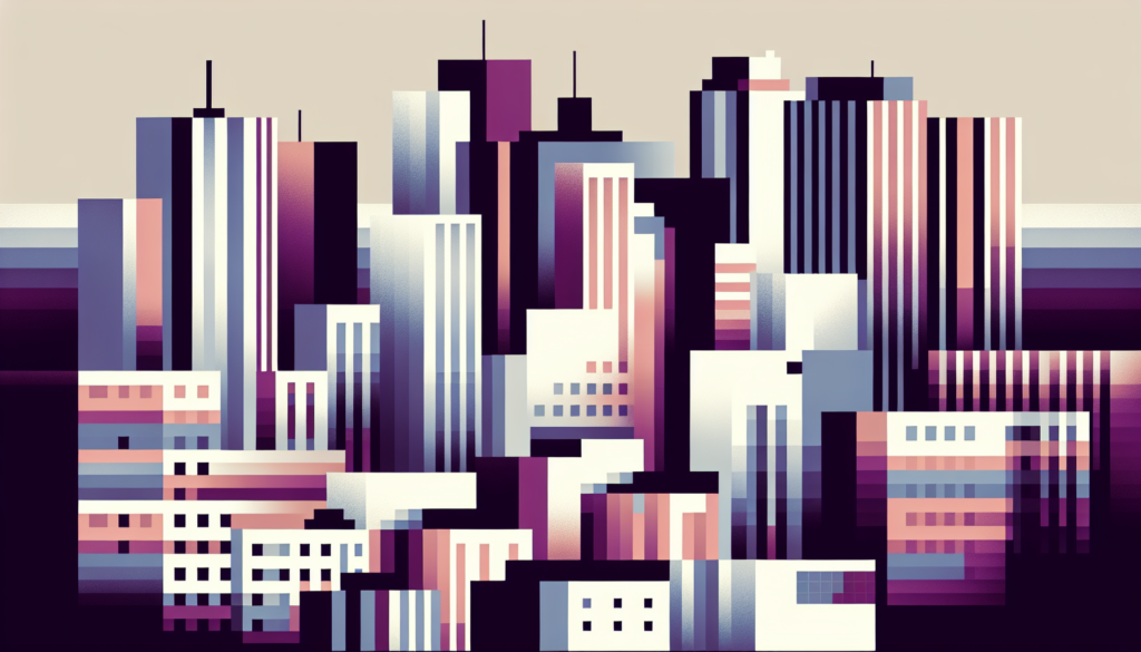 Abstract cityscape illustration with vibrant geometric skyscrapers and modern architecture.