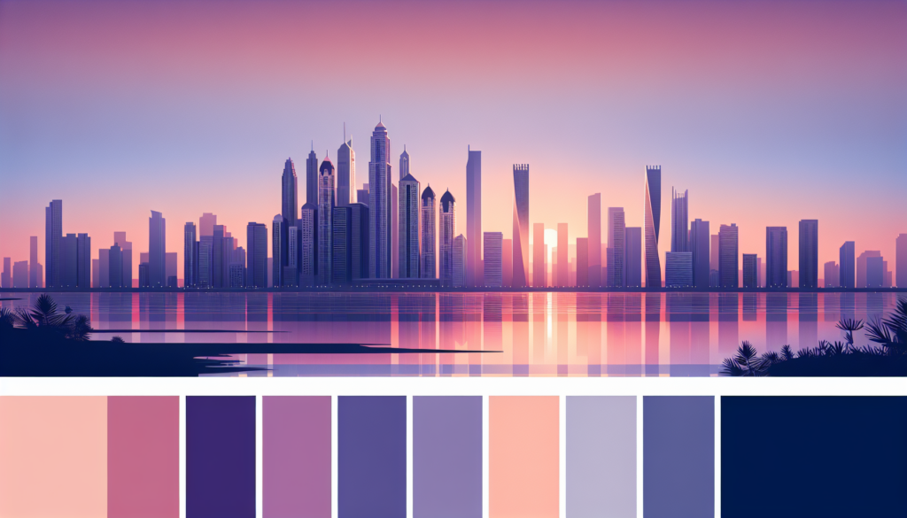 Futuristic cityscape at sunset with a serene waterfront and vibrant color palette.