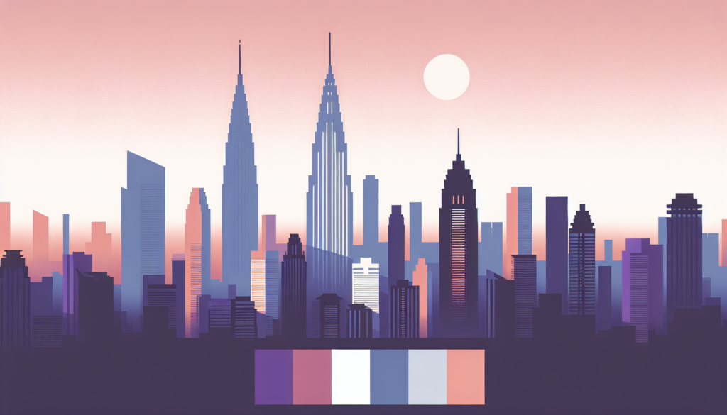 Futuristic city skyline at sunset with color palette, featuring pink and blue hues.