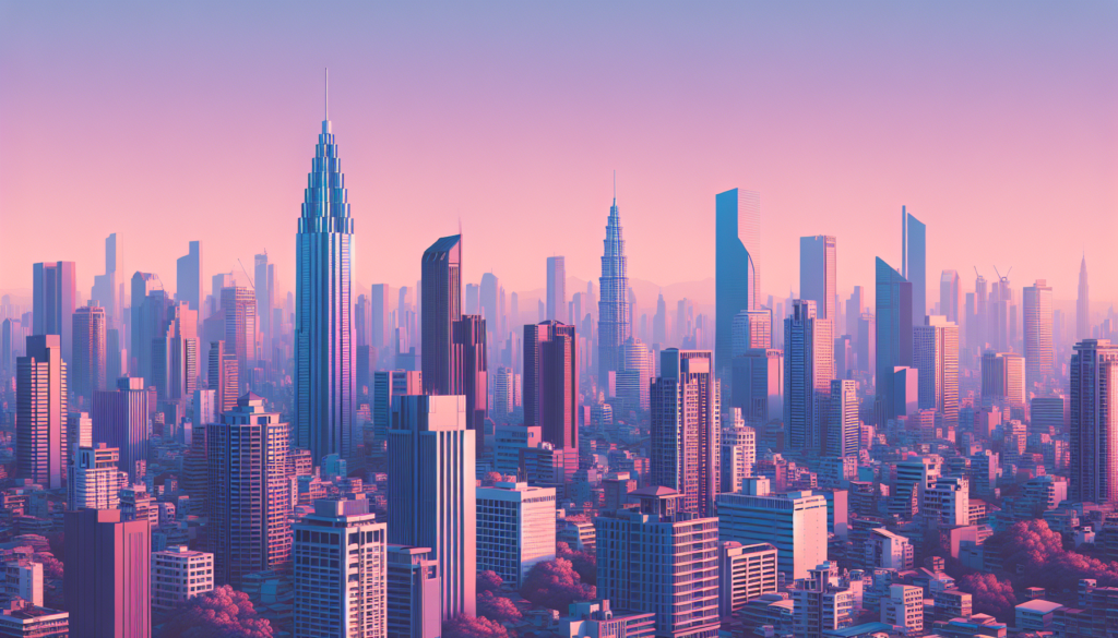 Futuristic city skyline at sunset with diverse skyscrapers and purple-pink hues, creating an urban dreamscape.