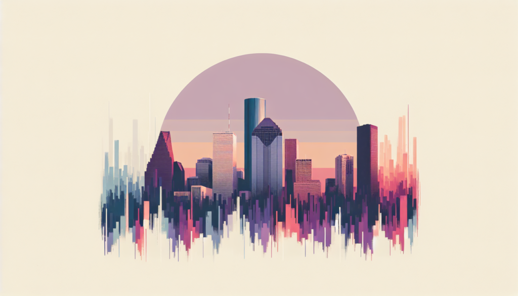 Futuristic cityscape illustration with abstract skyscrapers under a pastel sunset sky.