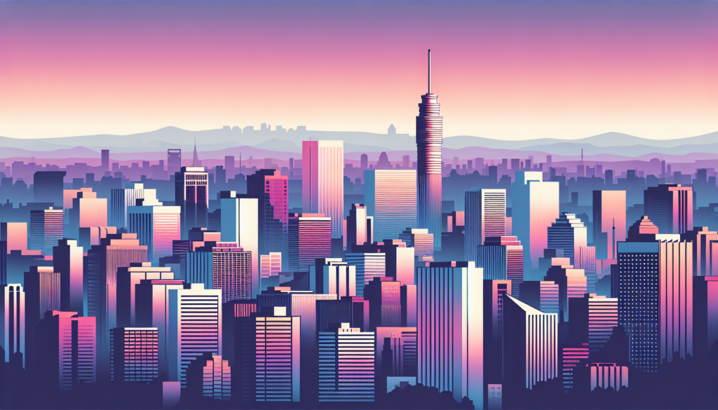 Futuristic city skyline with colorful skyscrapers at sunset, digital art illustration.