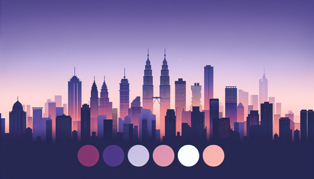 Futuristic city skyline at twilight with gradient color palette, featuring various modern skyscrapers.