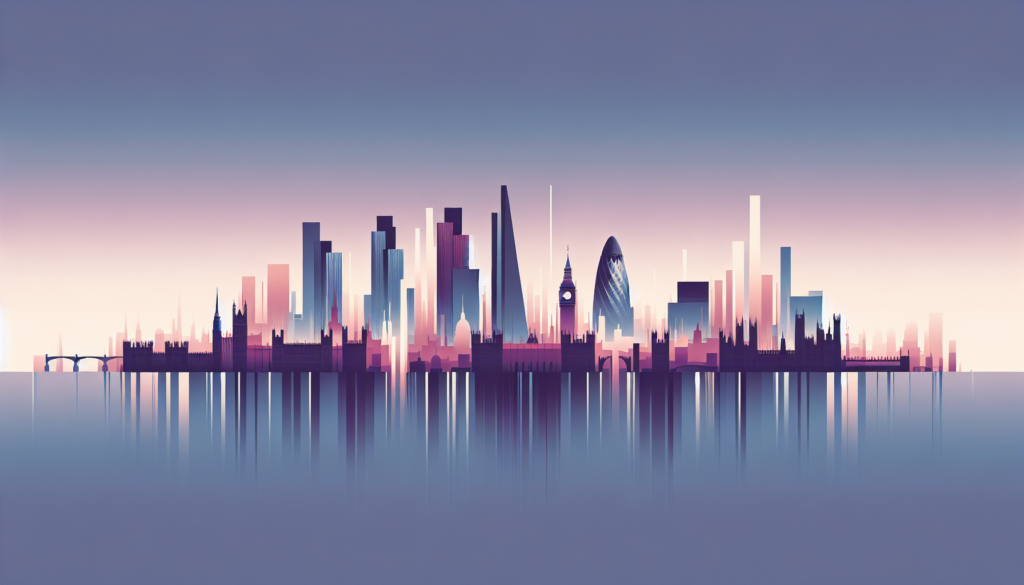 Abstract gradient skyline of London with iconic landmarks; modern cityscape illustration.