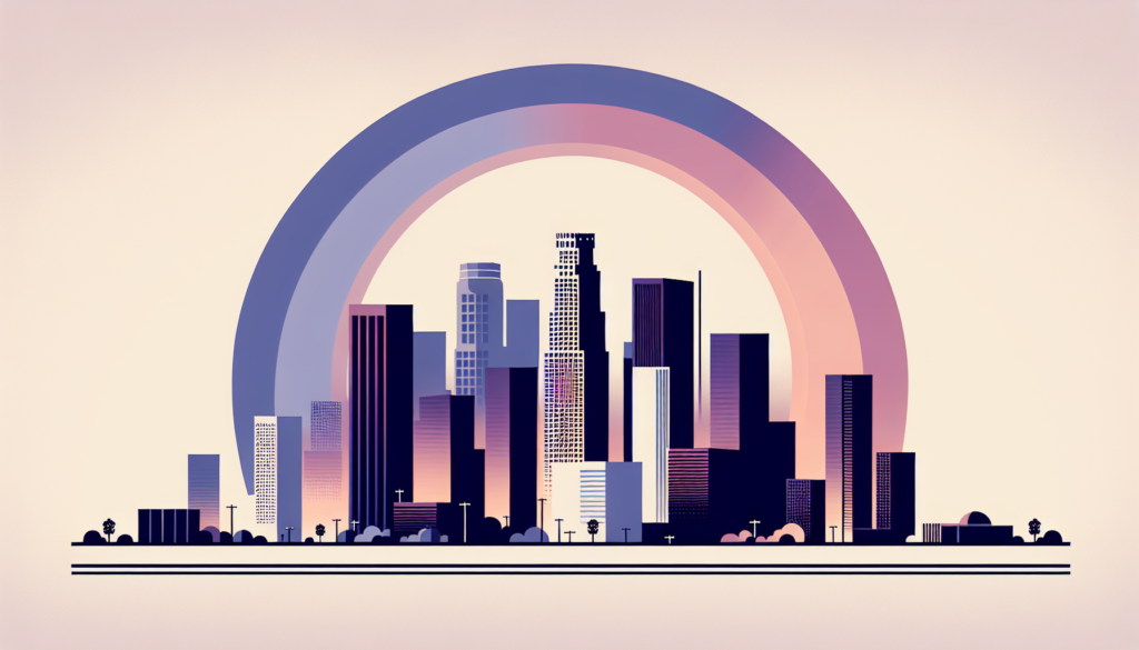 Abstract Los Angeles skyline illustration with vibrant pastel rainbow arch.