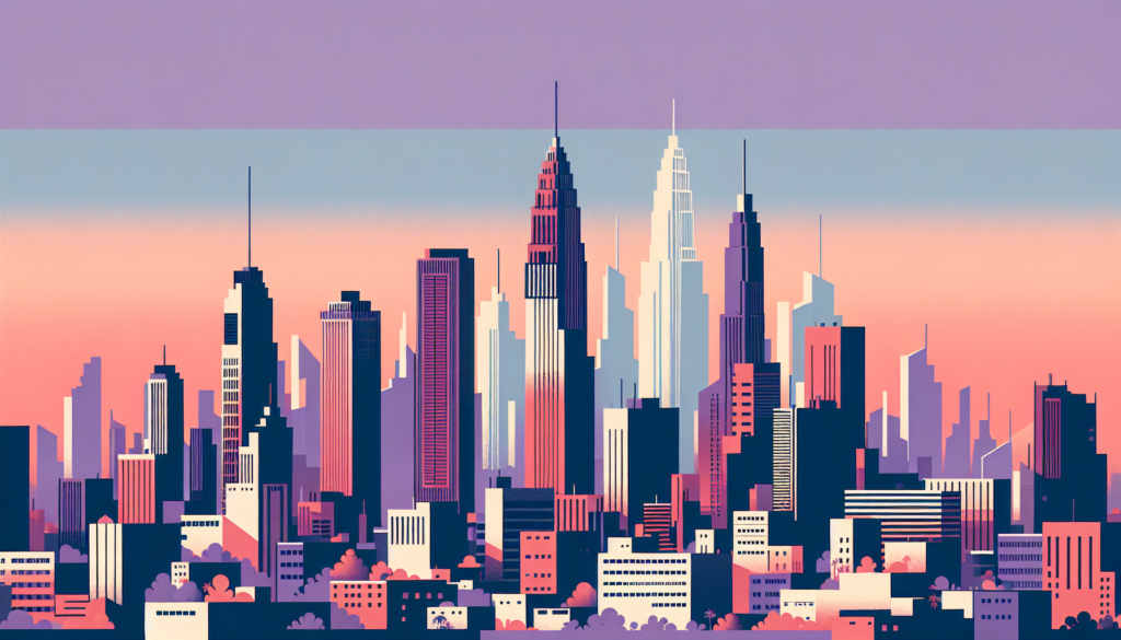 Stylized city skyline at sunset, featuring colorful skyscrapers against a vibrant gradient sky.