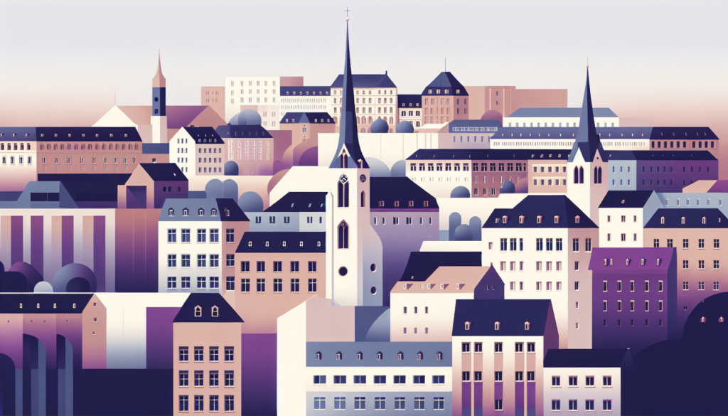 Illustration of a European cityscape with churches and pastel-toned architecture.