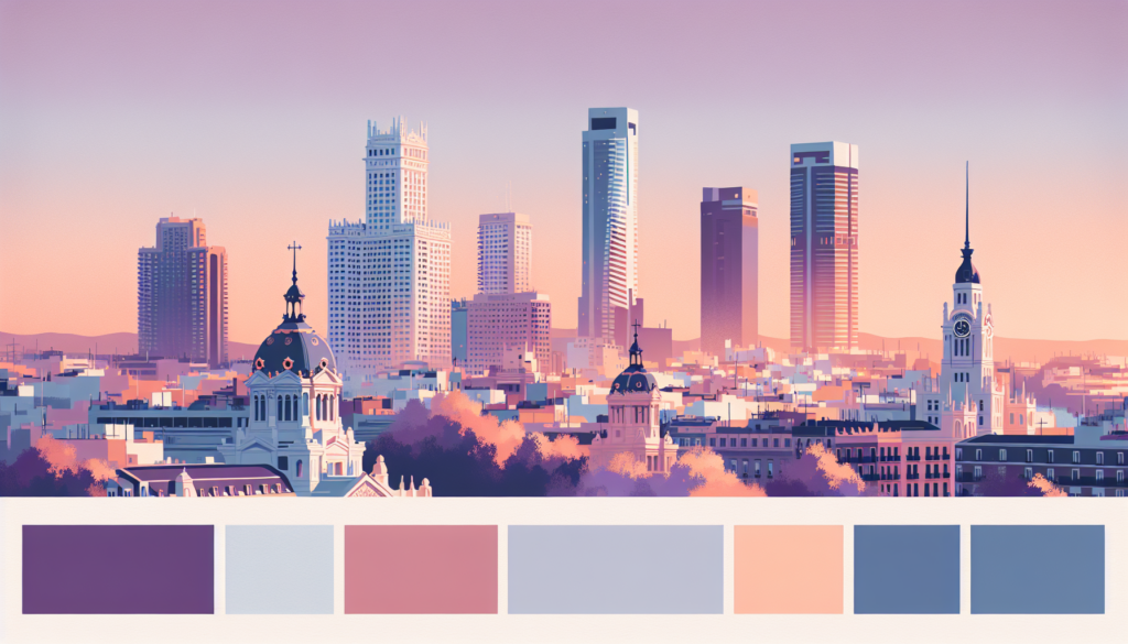 Illustrated city skyline at sunset with pastel colors, featuring iconic architecture and skyscrapers.