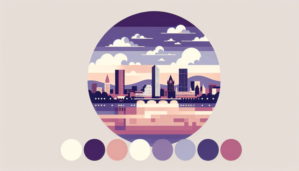 Stylized cityscape illustration with pastel hues and abstract skyline reflections, featuring a retro color palette.