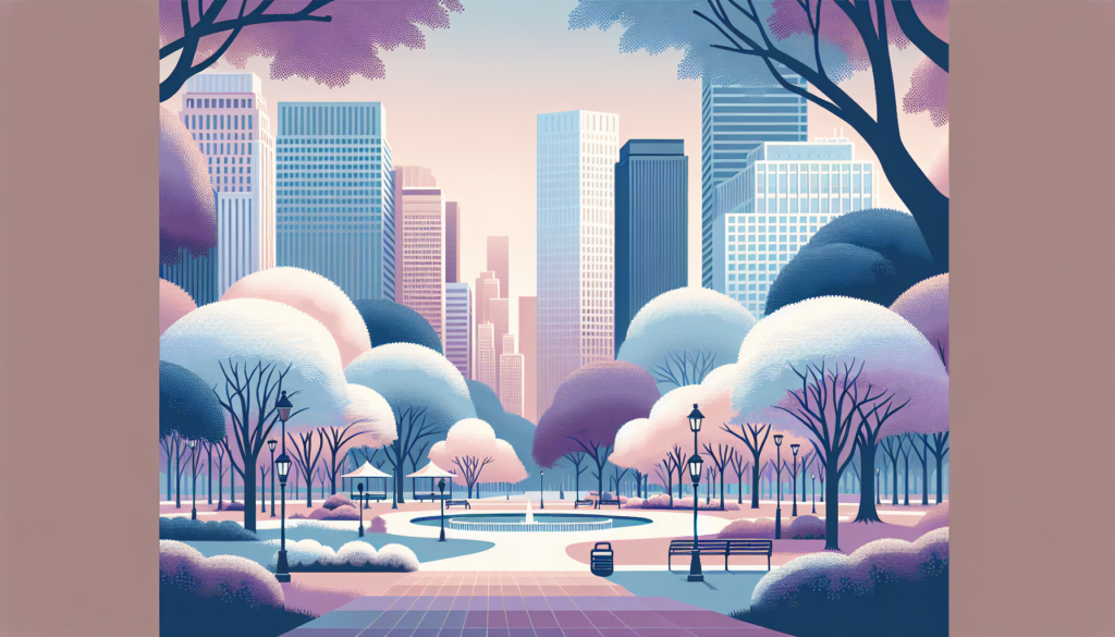 Illustrated park scene with pastel-hued trees, benches, and urban skyscrapers in the background.