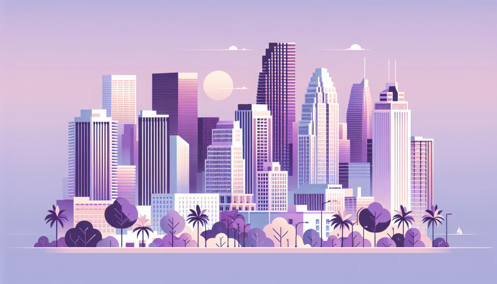 Futuristic city skyline illustration at sunset with tall skyscrapers and lush greenery.