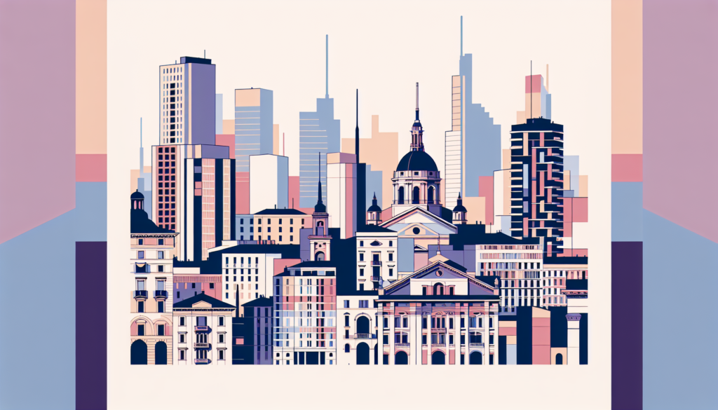 Illustrative cityscape skyline with modern skyscrapers and classical architecture, pastel colors.