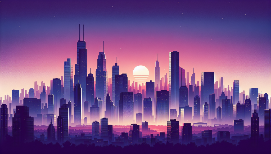 Futuristic city skyline at sunset with vibrant pink and purple hues, featuring tall skyscrapers and a glowing sun.