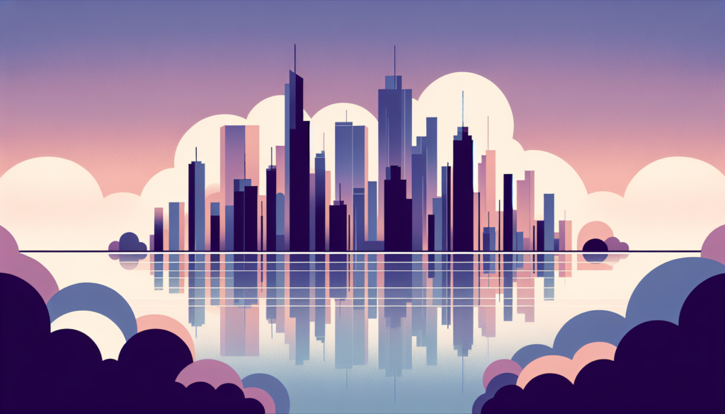 Futuristic city skyline with skyscrapers at sunrise, reflecting on water amidst pink and purple clouds.