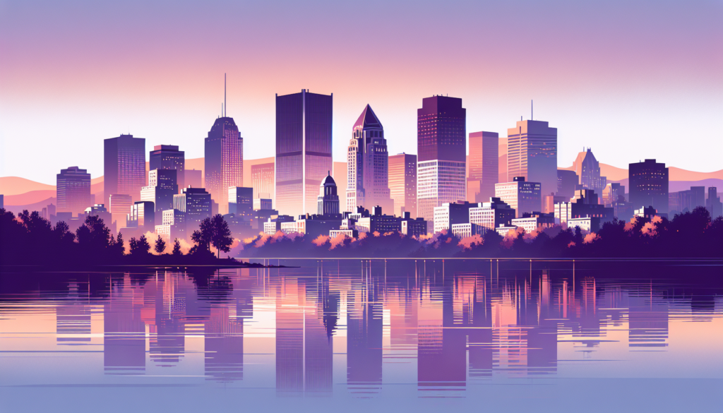 Illustrated city skyline at sunset with buildings reflecting in the calm water, vibrant colors, serene atmosphere.