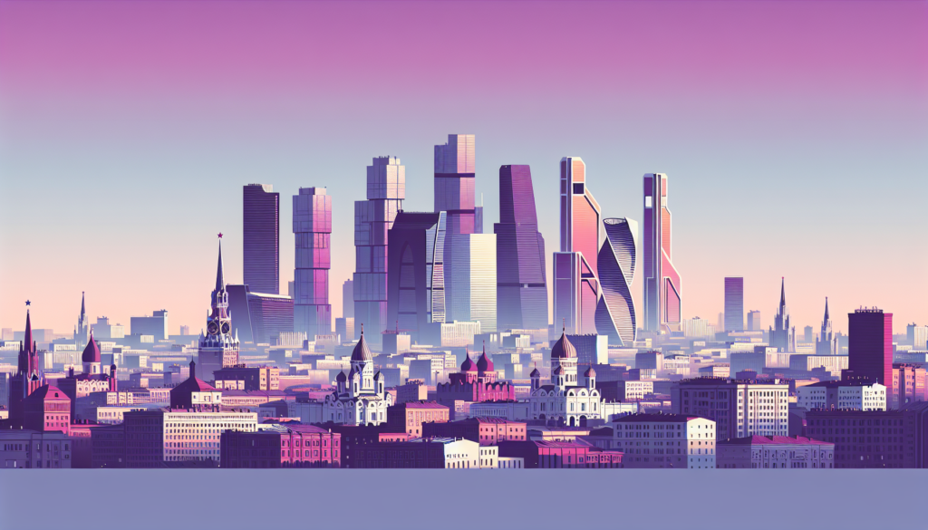 Futuristic city skyline at sunset with modern skyscrapers and historical architecture.