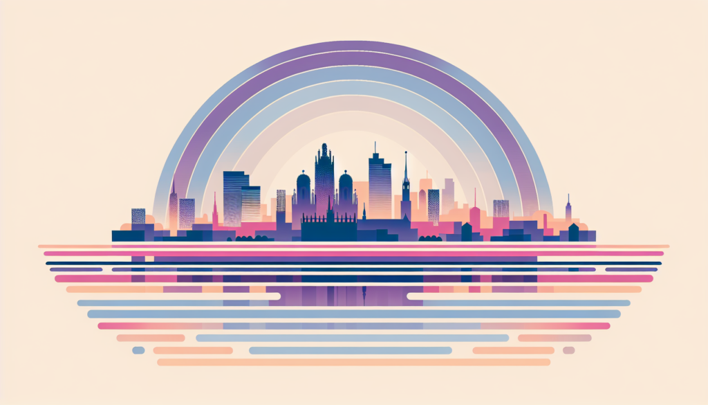 Colorful city skyline with abstract rainbow arches and reflections on a beige background.