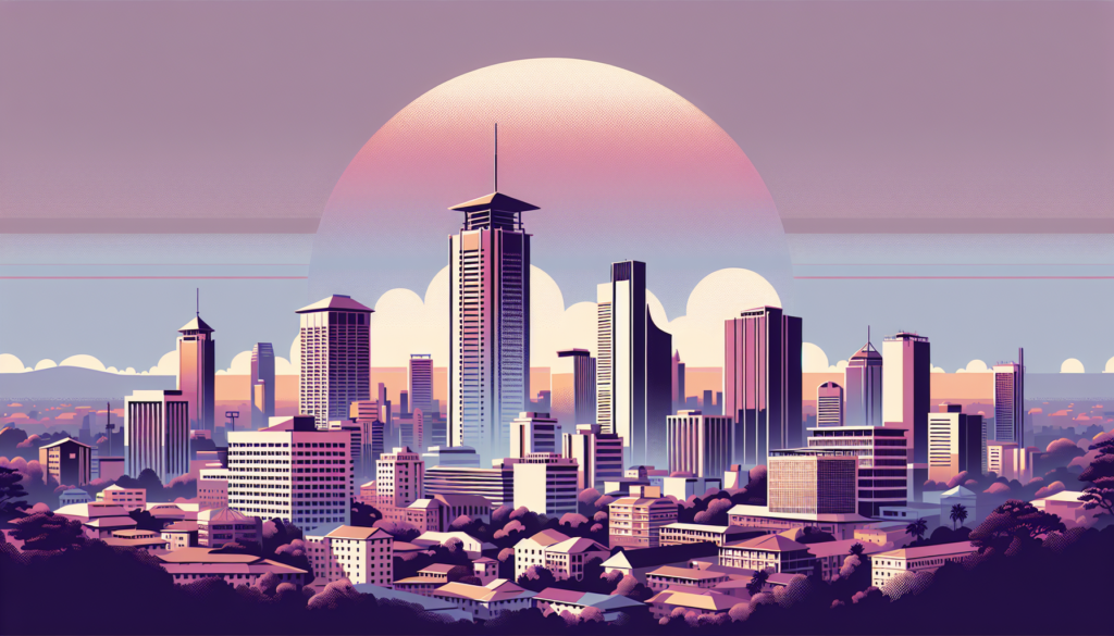 Illustrated city skyline at sunrise with modern skyscrapers and vibrant colors.