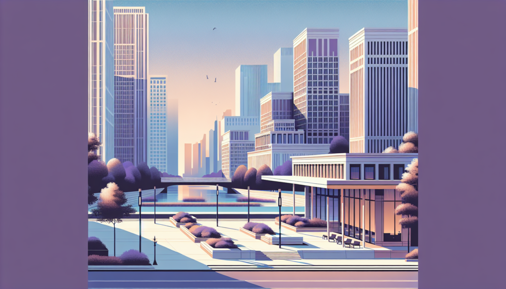 Futuristic cityscape at sunrise, featuring modern skyscrapers, a serene river, and lush purple trees.