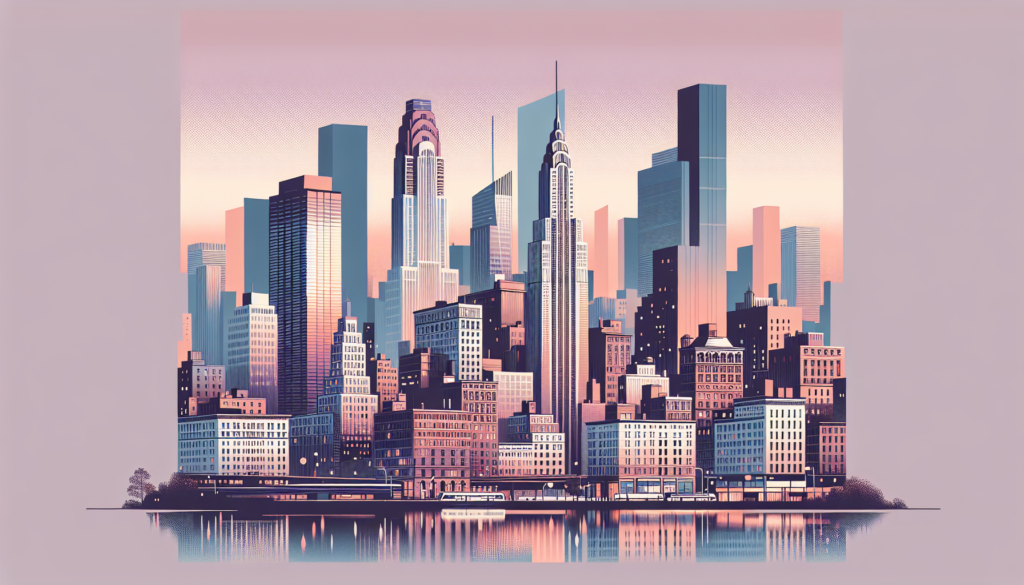 Futuristic New York City skyline illustration at sunset with vibrant skyscrapers and serene reflections.