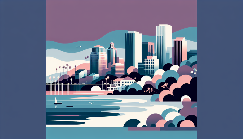 Colorful city skyline illustration with modern skyscrapers, palm trees, and a serene waterfront.