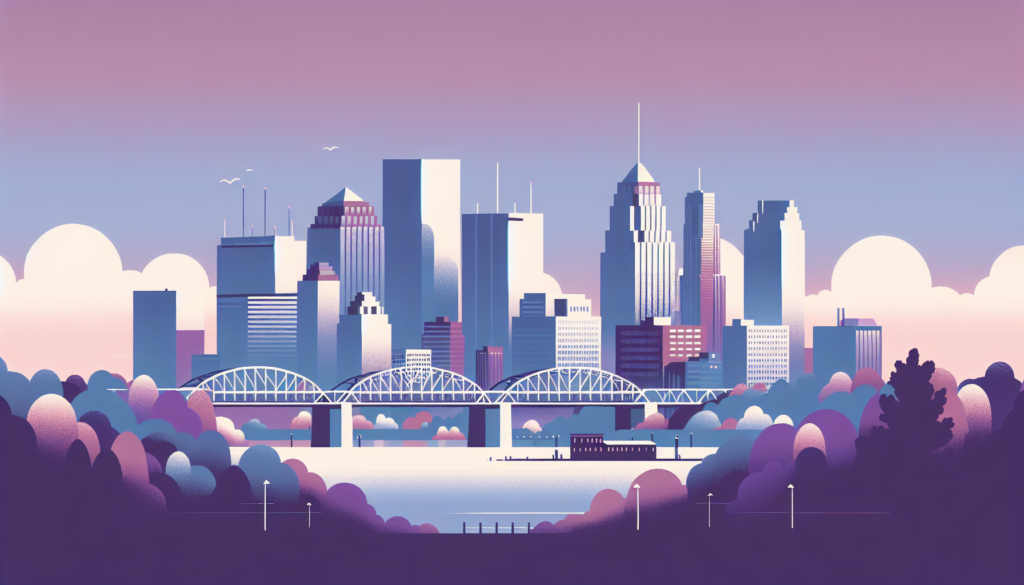 Stylized city skyline illustration at sunrise with bridges and colorful clouds.